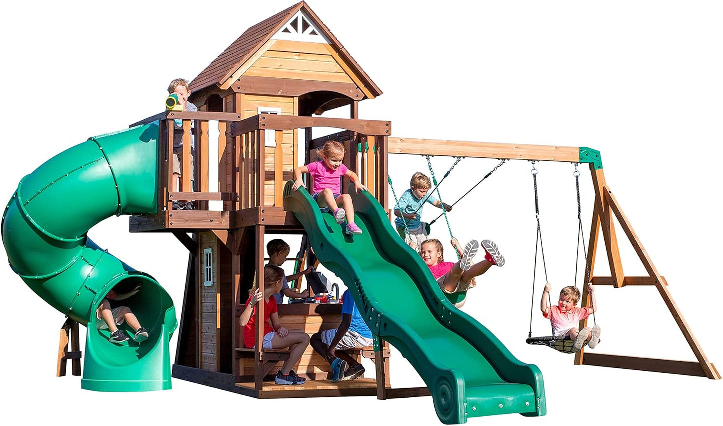 Backyard Discovery Cedar Cove Cedar Wood Swing Set with Spiral Tube Slide, Wave Slide, Clubhouse, Toy Grill, Snack Bar, Rock Wall, Belt Swings, Web Swing, Balcony, Chalkboard, Ladder, Outdoor Playset