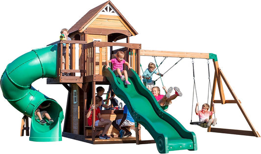 Backyard Discovery Cedar Cove Cedar Wood Swing Set with Spiral Tube Slide, Wave Slide, Clubhouse, Toy Grill, Snack Bar, Rock Wall, Belt Swings, Web Swing, Balcony, Chalkboard, Ladder, Outdoor Playset