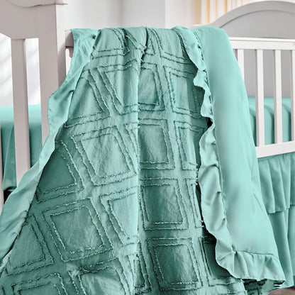 Tufted Ruffle Crib Bedding Set 3 Pieces Baby Girls Boys Boho Quilted Comforter with Fitted Sheet and Bed Skirt - Cute Ruffled Shabby Chic Baby Bedding Soft Blanket Design Teal Blue