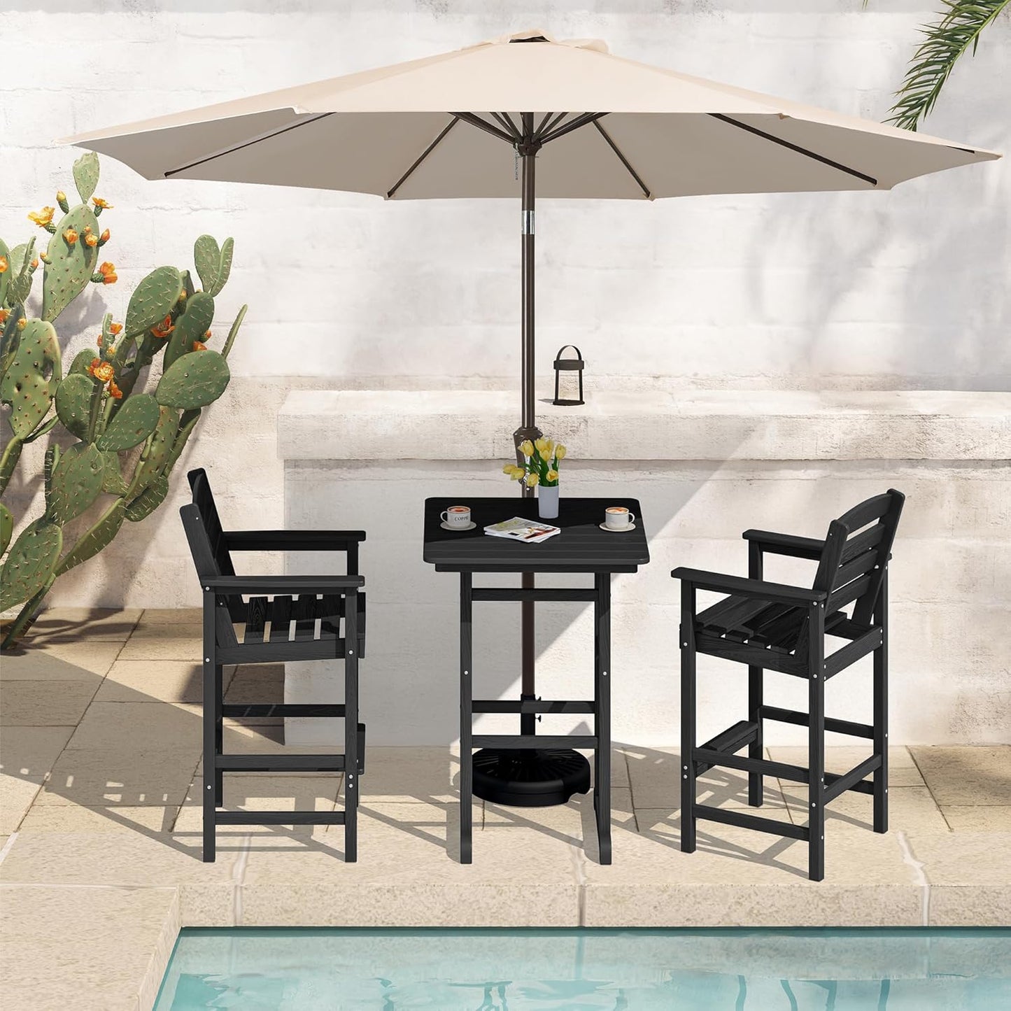 SERWALL 4 Pieces Outdoor Patio Bar Set with 9ft Umbrella, Outdoor HDPE Barstool and Table Furniture Set with Patio Umbrella, Black