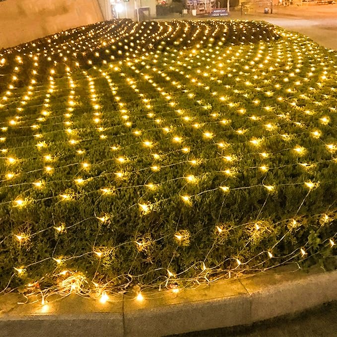 WATERGLIDE Outdoor Christmas Net Lights, 12FT x 5FT 360 LED Fairy String Light with 8 Lighting Modes, Connectable Light for Garden Tree Bushes, Holiday Wedding Party Decorations, Warm White