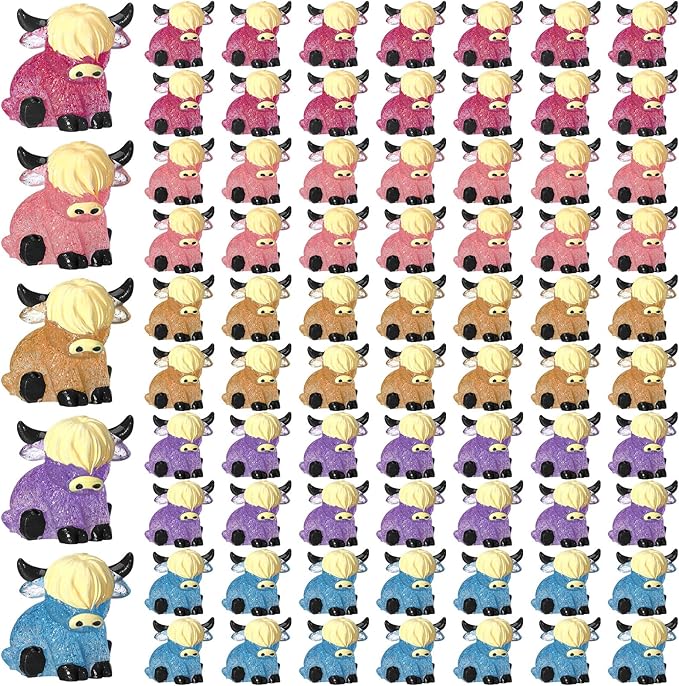 75 Pcs Mini Highland Cow Figurines Bulk Glitter Highland Cow Statues Mini Resin Animals Cute Tiny Resin Figures Animals Sculpture Ornament for Cake Topper Home Office Desk Decorations