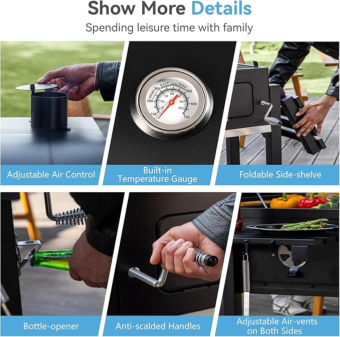 GREEN PARTY Barrel Charcoal Grill with Side Tables, 794 Square Inches Cooking Space, Large Charcoal BBQ Grill with 2 Height-Adjustable Charcoal Pans for Outdoor Backyard Patio Picnic Parties Camping