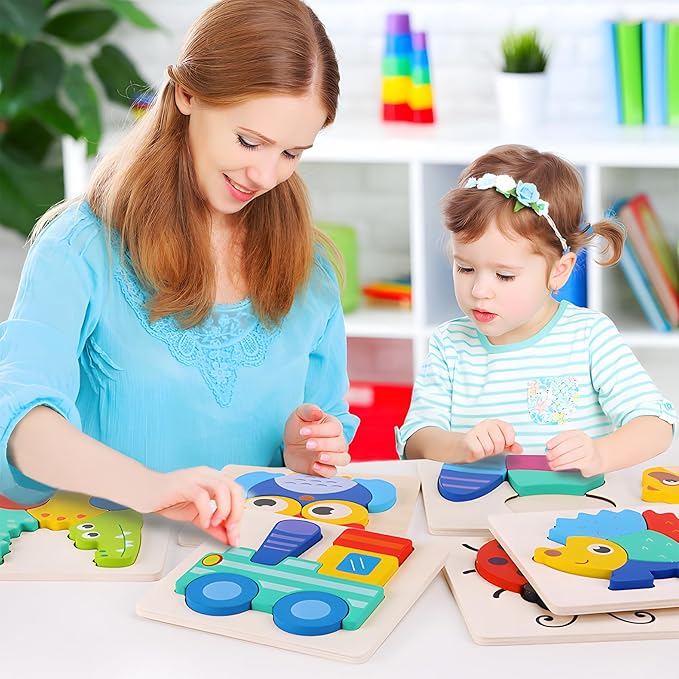 QZMTOY Toddler Puzzles 10 Pack Wooden Puzzles for Toddlers,Montessori Puzzles for 1-3 2-4 Year Old,Infant Baby Learning Toys,Animal Vehicle Shape Jigsaw Puzzles Gift for Boys Girls-Large 3D Blocks…