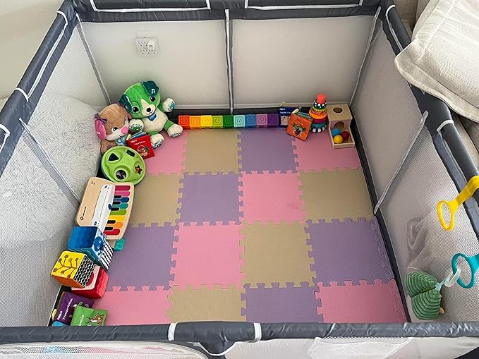 TOYVELT Ultimate Foam Play Mat Set 12x12-16 Interlocking Floor Tiles for Kids - Non Toxic, Colorful Foam Puzzle Mats - Safe and Durable - Ideal Play Mat for Toddlers 1-3 - Pink-Purple-Beige