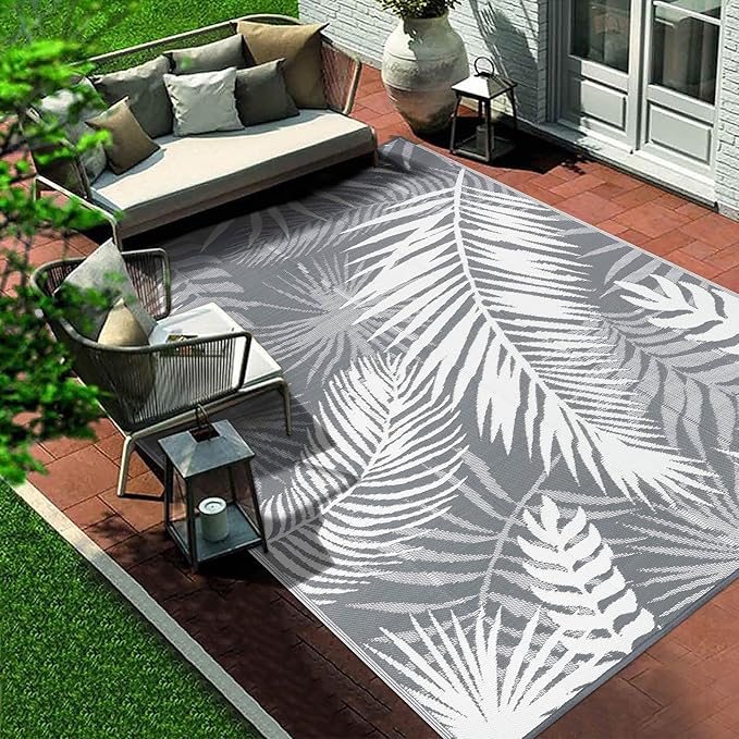 Outdoor Rug 10'x8' Waterproof for Patios Clearance, Reversible Outdoor Plastic Straw Rug Camping Carpet, Outside Floor Mats Large Area Rugs for RV,Patio,Deck,Porch,Beach,Balcony,Grey&White
