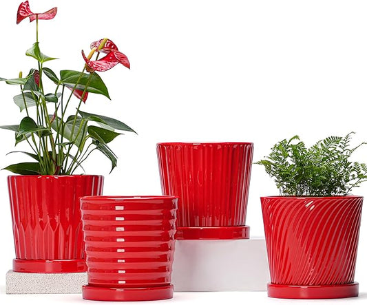 Ton Sin Plant Pots, 6 Inch Flower Pots for Plants,Ceramic Planter with Drainage Holes,Indoor Planter Pots with Saucer,Outdoor Garden Pots (Red, 4 Pack)