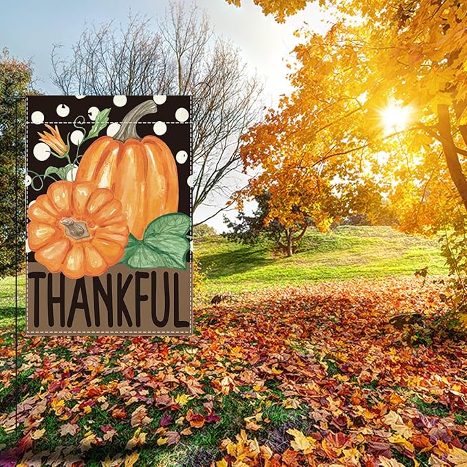 Fall Thankful Garden Flag Autumn Pumpkin Garden Flag 12x18 inch Double Sided Fall Thanksgiving Flags Holiday Decorations for Yard Outdoor Home Porch (Flay 1807)