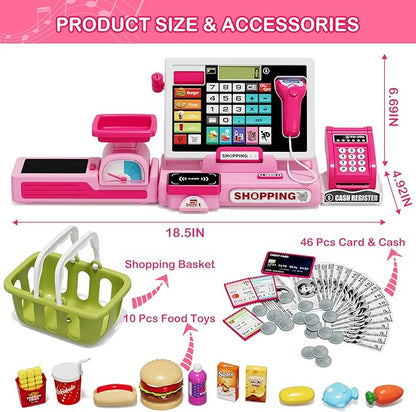 63PCS Cash Register for Kids, Kids Cash Register with Real Calculator, Pretend Play Store with Music/Motorized Conveyor/Play Money/Food Toys, Learning Toys for Boys Girls 3+, Pink