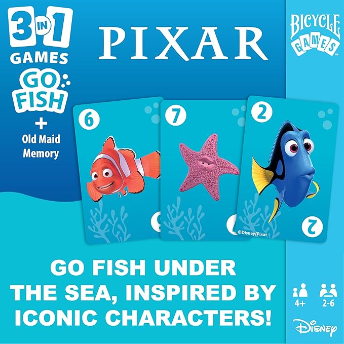 Bicycle Disney and Pixar 3-in-1 Card Games, Old Maid, Go Fish & Memory, Featuring Toy Story, Finding Nemo & Inside Out Characters, Kids Card Games Ages 4+, Family Games for 2-6 Players