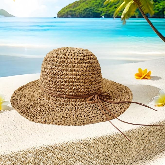 Womens Straw Beach Sun Hats, Foldable Packable Floppy Handmade Crochet Hats for Women,Large Summer Vacation Wide Brim Hat