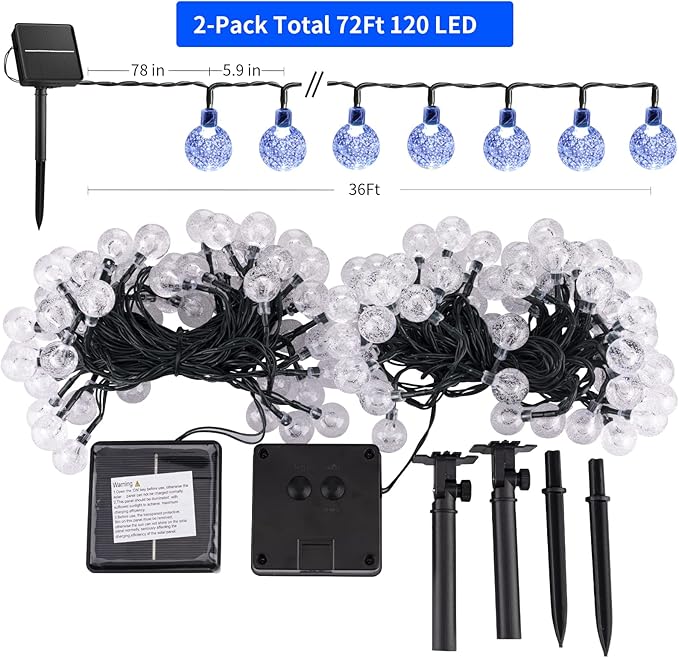Brightown 2-Pack 120 LED 72 FT Solar String Lights Outdoor, Crystal Globe Lights with 8 Lighting Modes, Waterproof Solar Powered Patio Lights for Garden Yard Porch Wedding Party Decor (Pure White)