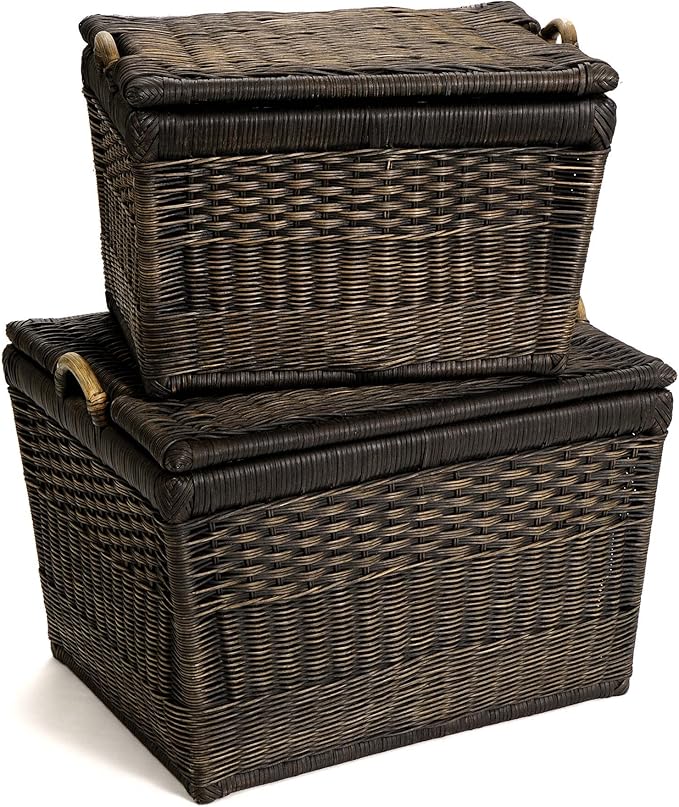 The Basket Lady Lift-Off Lid Wicker Storage Basket, Medium, 20 in L x 15 in W x 14 in H, Antique Walnut Brown