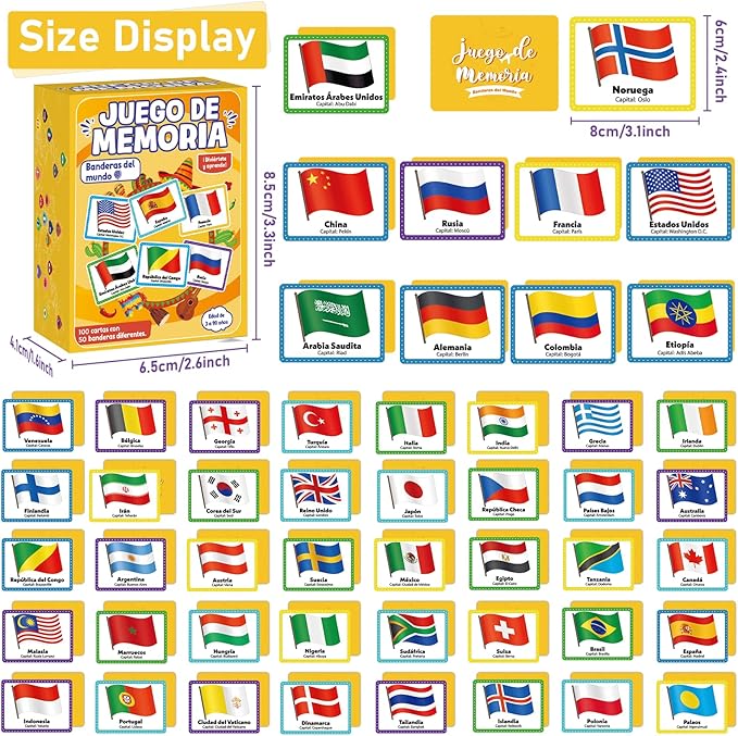 gisgfim 50 Pairs Juego de Memoria de Banderas del Mundo en español para niños y adultos Flags of the World Memory Matching Games in Spanish Educational Matching Game Fun Fast Memory Game Gift Learning