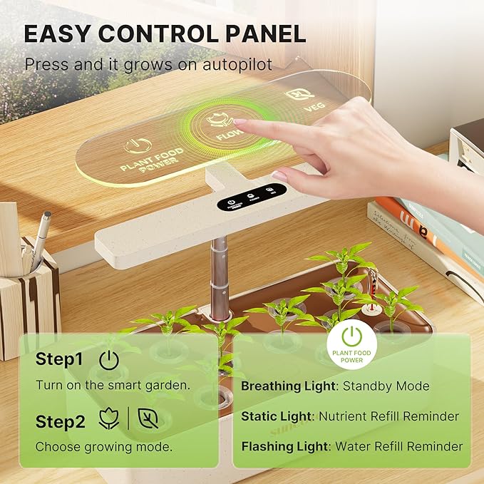 Hydroponics Growing System Kit 12 Pods, 24W LED Grow Light Indoor Garden, 4L Water Tank with Quiet Pump, Adjustable Height Herb Garden Planter Indoor Kit, Gardening Gifts, Beige