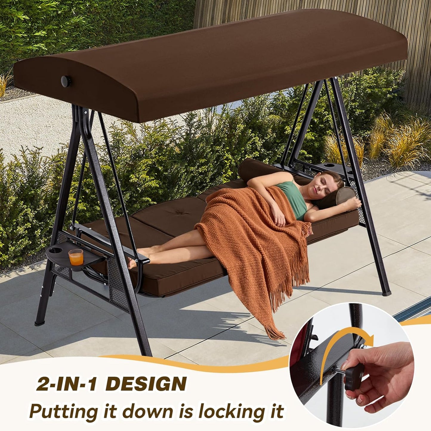 3 in 1 Outdoor Porch Swing with Canopy, 3 Seat Outdoor Swing for Adults, Patio Swing Chair with Thickened Cushions,Pillows & Cup Holders for Backyard, Porch, Garden (Brown)
