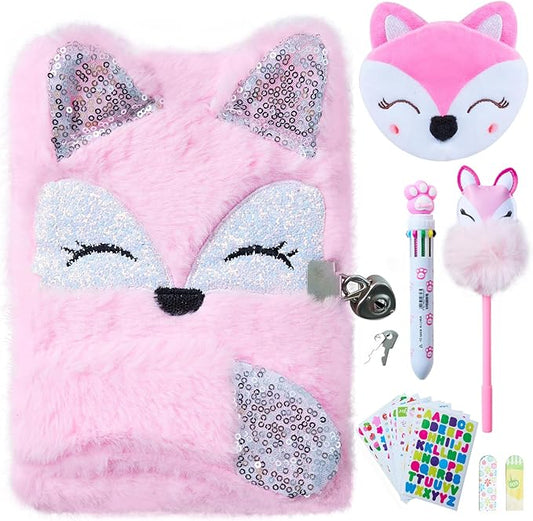 Gifts for 6 7 8 9 Year Old Girls, Diary with Lock for Girls - Journal Kit for Girls with Bookmarks Sticky Notes Pom Pom Pen Fuzzy Notebook (Fox Diary,Pink)