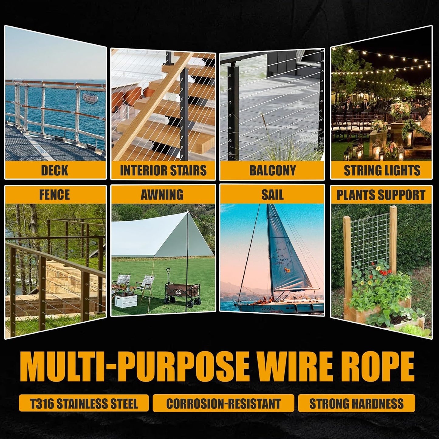 1200FT 1/8" Stainless Steel Cable Black 7x7 Strands Aircraft Cable T316 Wire Rope with Cable Cutter 1800lbs Breaking Strength for Deck Cable Railing, Stair, Fence, DIY Balustrades