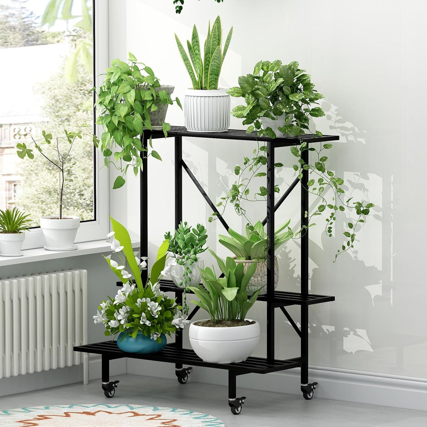 Zhongma 3 Tier Metal Heary Duty Plant Stand with Wheels, 35.43 L x 17.5 W x 38.6H . Space saving Plant Stand