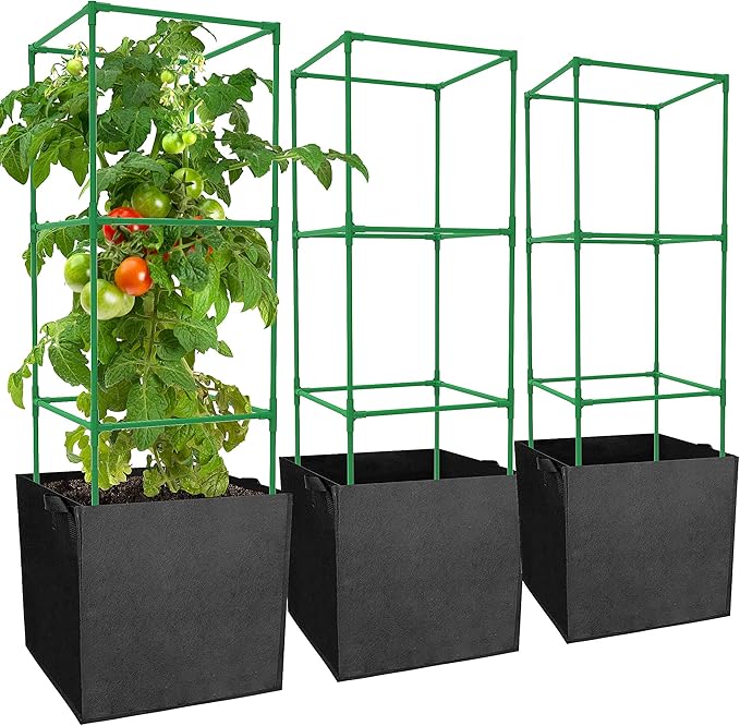 3 Packs 47 x 16 x 16 Inch Garden Tomato Cages with 17.7 Gallon Grow Bags- Square Plant Support Trellis Assembled with Planter Bags- Garden Cucumber Vegetables Frames for Vertical Climbing Plants