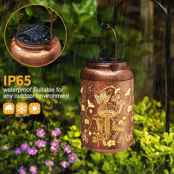 2 Pack Solar Lanterns Outdoor Waterproof, Mushroom Garden Decor Gifts for Women Mom Grandma Hanging Solar Lights Metal Solar Decoration Outside LED Lanterns for Yard, Patio, Lawn