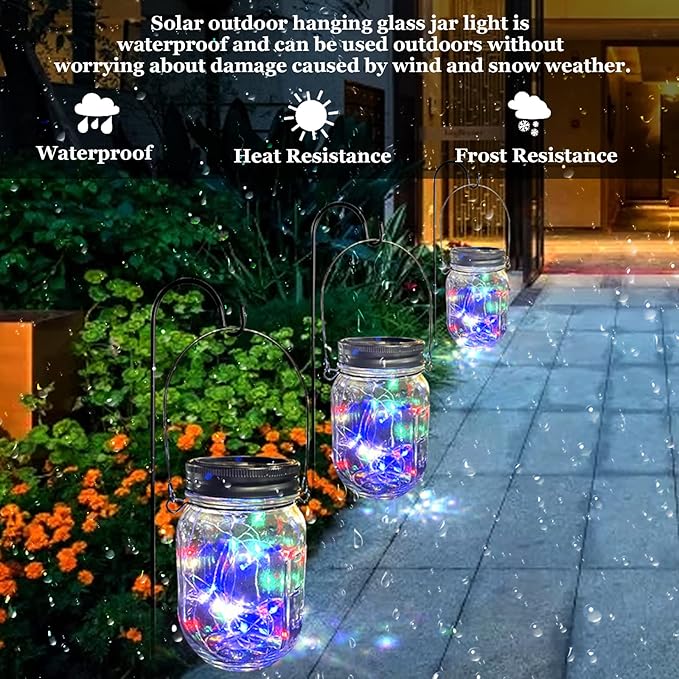 Hanging Solar Mason Jar Lights,ZQX 2 Pack 20 Led String Hanging Mason Jar Lanterns for Outdoor,Great Decor Light for Outside Patio Garden Yard Fence Wedding Table,Hangers and Jars Included（Multicolor）