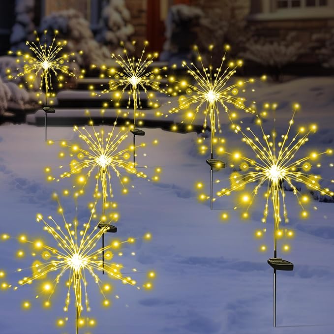 Solar Garden Firework Lights Outdoor Waterproof 6 Pack Solar Powered Art Stake Twinkle Lighting for Outside Decor, 120 LED Sparklers String Lights for Yard Pathway Patio Party Decorations (Warm White)