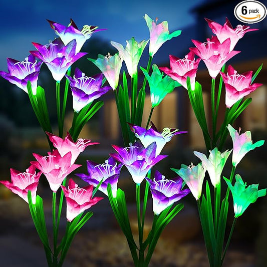 KOOPER Outdoor Solar Lights, 6 Pack Solar Garden Lights with Bigger Lily Flowers, Waterproof 7 Color Changing Solar Lights Outdoor - Bigger Solar Panel for Outdoor Patio Yard Garden Decoration