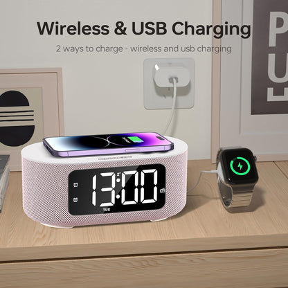 JALL Fabric Alarm Clock for Bedroom, with Big Led Screen Display, Bluetooth Stereo Sound Speaker, FM Radio, Fast Wireless Charging, USB Charging Port, Nightlight, White Noise, Ideal for Gift, Pink