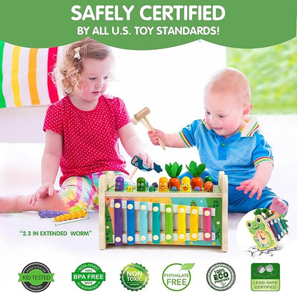 6-in-1 Wooden Montessori Toy with Mole Whacking Game & Xylophone for 1-5 Year Old Toddler, Activity Cube for 12+ Month Baby, Multipurpose Early Learning Toy with Frog Clock, Birthday Gift for Boy/Girl