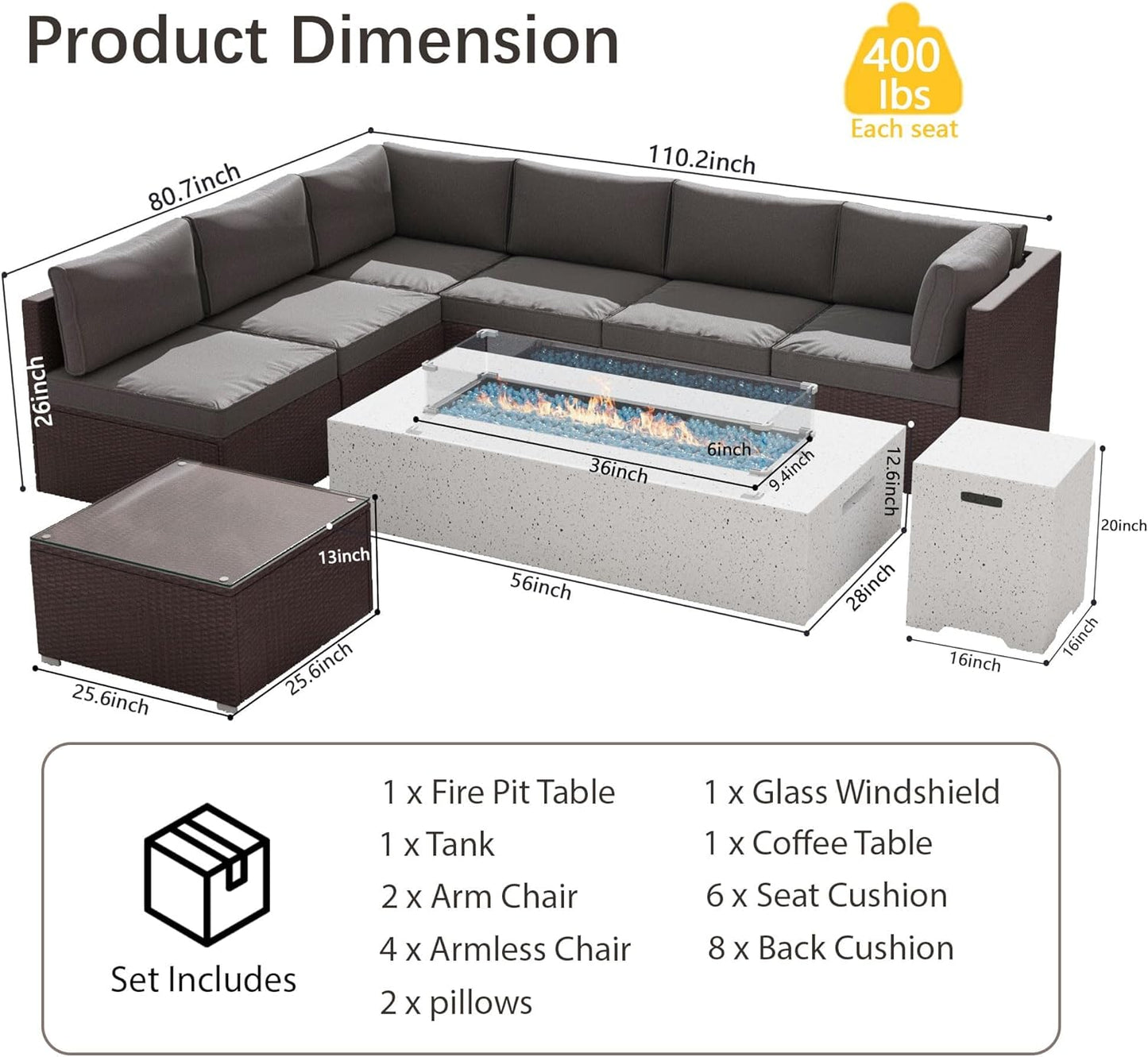 8 Piece Patio Furniture Set - Outdoor Conversation Sets with 56" Fire Table and Coffee Table, Rattan Modular Sofa Set for Garden/Poolside, Grey/Brown