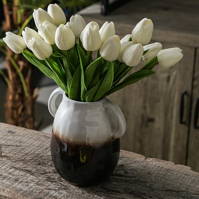 White Gradient Ceramic Vase with 2 Handles, Modern Farmhouse Decor, Rustic Terracotta Pottery, Decorative Flower Vases, Clay Small Vase, Centerpiece for Dining Table - 7 Inch Tall