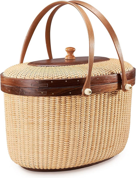 Nantucket Style Basket Picnic Basket Rattan Handmade Products Woven Sewing Storage Basket Two Swing Handles Tote Bag for Women