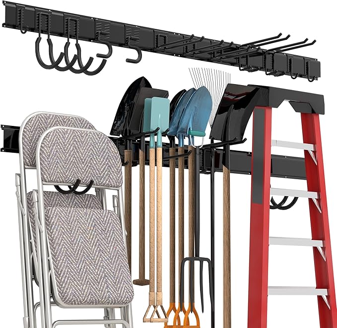 Garage Tool Storage Rack, Heavy Duty Garage Storage Organizer Rack System Wall Mounted Tool with 12 double hooks, 4 rails Garden Tool Rack