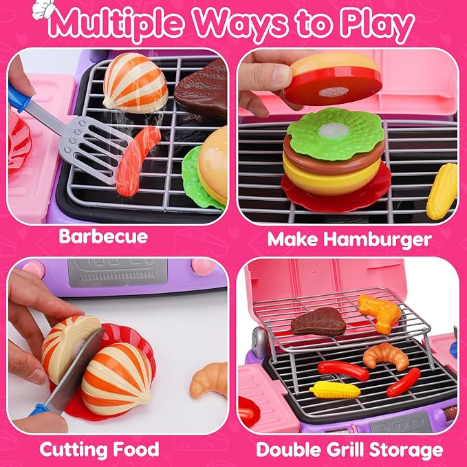 Kids BBQ Grill Playset Kitchen Toy Set with Pretend Smoke Sound Light Toddler Girls Pink Play Food Ages 3-5 4-8 Indoor Outdoor Cooking Barbecue Toys for 3 4 6 Year Old Girl Birthday Gift