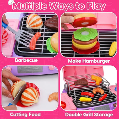 Kids BBQ Grill Playset Kitchen Toy Set with Pretend Smoke Sound Light Toddler Girls Pink Play Food Ages 3-5 4-8 Indoor Outdoor Cooking Barbecue Toys for 3 4 6 Year Old Girl Birthday Gift