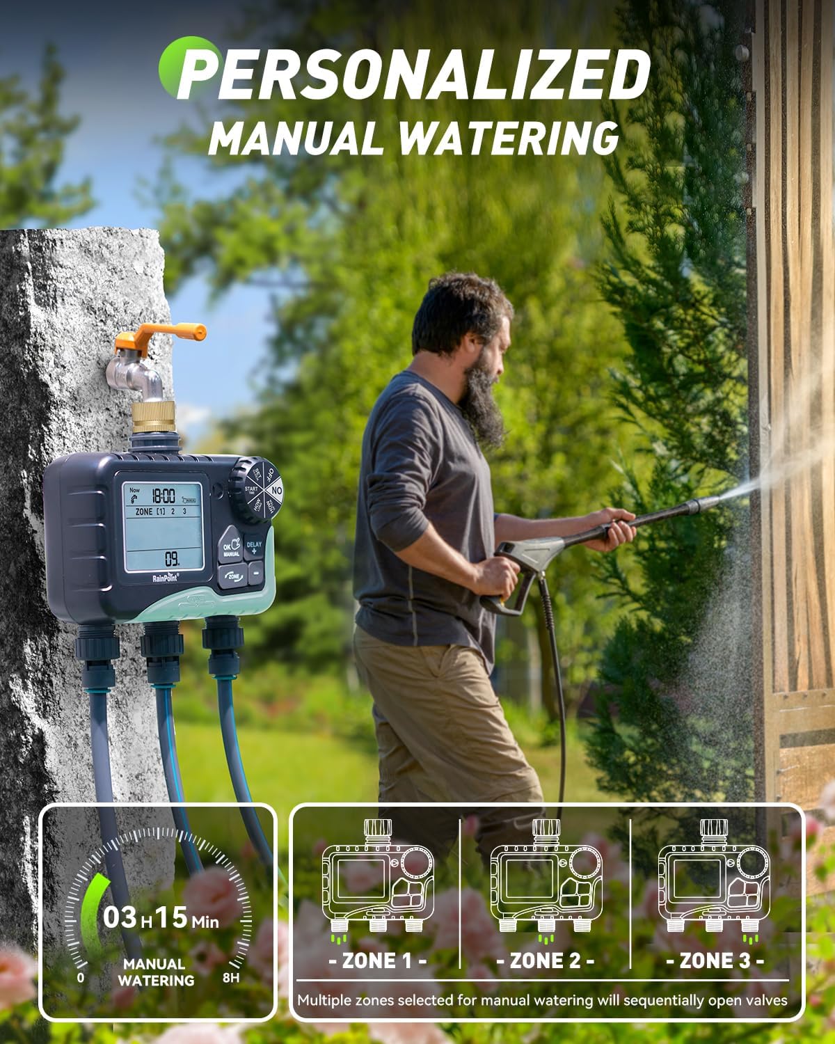 RAINPOINT 3 Zone Sprinkler Timer with Brass Inlet, Water Timer for Garden Hose,Rain Delay/Manual/Automatic Watering System, Hose,Hose Timers for Watering with IP65 Waterproof, Large LCD for Yard
