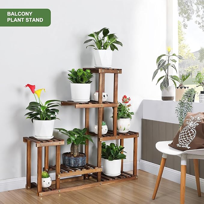Wood Plant Stand Indoor Outdoor Multi Tiered Corner Plant Shelf Holder High Low Flower Rack Stand for Indoor Multiple Plants 9 Potted Organize Shelves in Living Room Garden Balcony Patio Yard