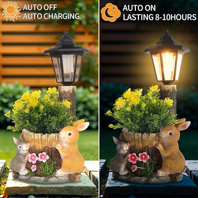 Solar Bunny Garden Stalue Outdoor, Rabbits Figurine Flowerpot Decolwith Solar Lantem for Yard Art Lawn Ornaments Porch Patio Balcony - Gardening Gifts for Women Mom