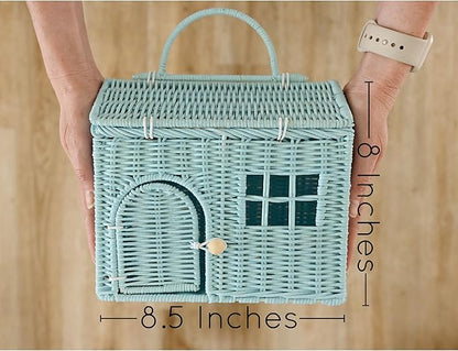 Rool Rattan House Shaped Basket Wicker Small Dollhouse Gift for Girls, Boho Toys, Mouse in a Box House, Little Girl Purse Clutch, Doll Carrier (Blue)