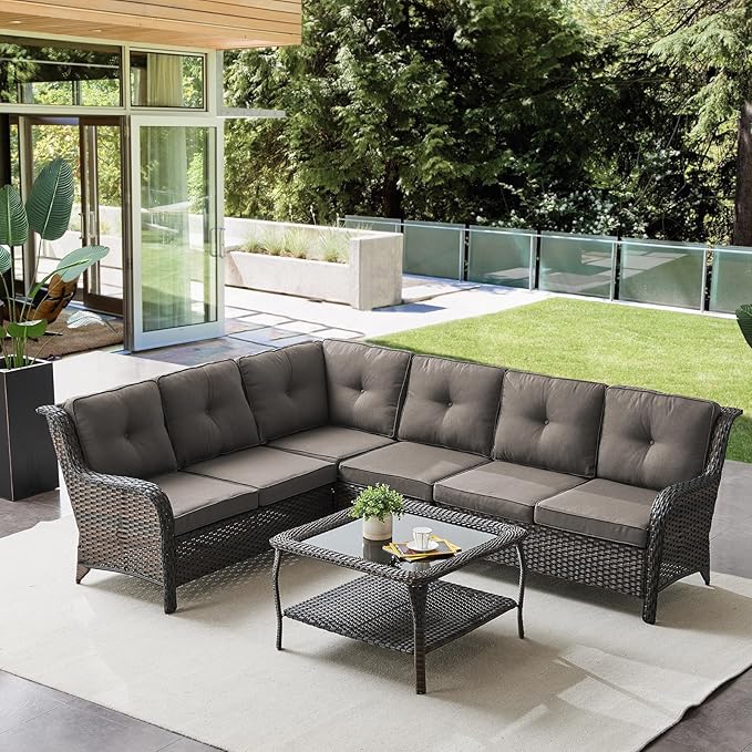 Outdoor Furniture Sectional Sofa L Shaped Couch - Patio Wicker Set with Coffee Table, 3 Piece Rattan Patio Conversation Sets with Gray Cushion for Deck Backyard Sunroom