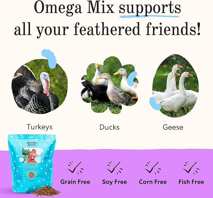 Grubbly Farms Omega Mix Chicken Treats for Laying Hens - Superfood and Omega-Rich Chicken Feed Supplement to Support Egg Production, Strong Eggshells and Nutritious Yolks - 5LB