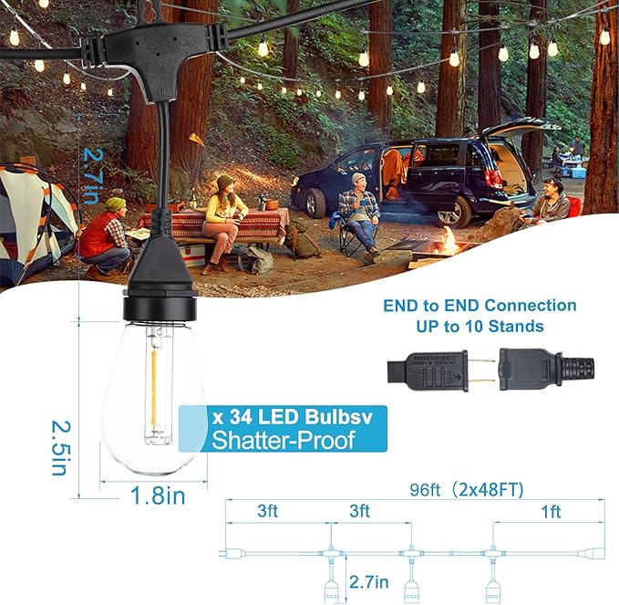 Lightdot 96FT (2x48FT) Outdoor Led Patio Lights,Led String Lights with Shatterproof Edison Vitage Bulbs, Commercial Grade Hanging Light for Patio Cafe Bistro Backyard