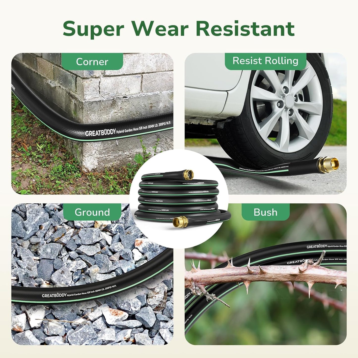 GreatBuddy 50 ft Garden Hose 5/8", Less Kink Heavy Duty Water Hose, Durable & Flexible Hose for Outdoor, Lawn, Car Washing, Pet Bathing and Household