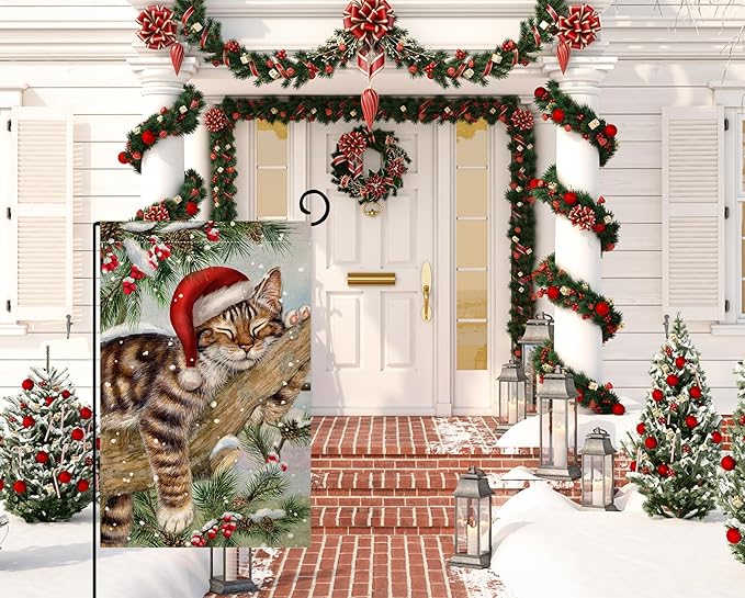 BLKWHT Winter Cat Garden Flag 12x18 Vertical Double Sided Christmas Holiday Outside Decorations Burlap Yard Flag BW738