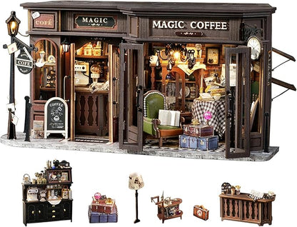 Fsolis DIY Miniature Dollhouse Kit for Adults - Tiny House Mini Scene 3D Puzzles Gifts for Women Teenagers Craft Lovers (Magic Coffee)