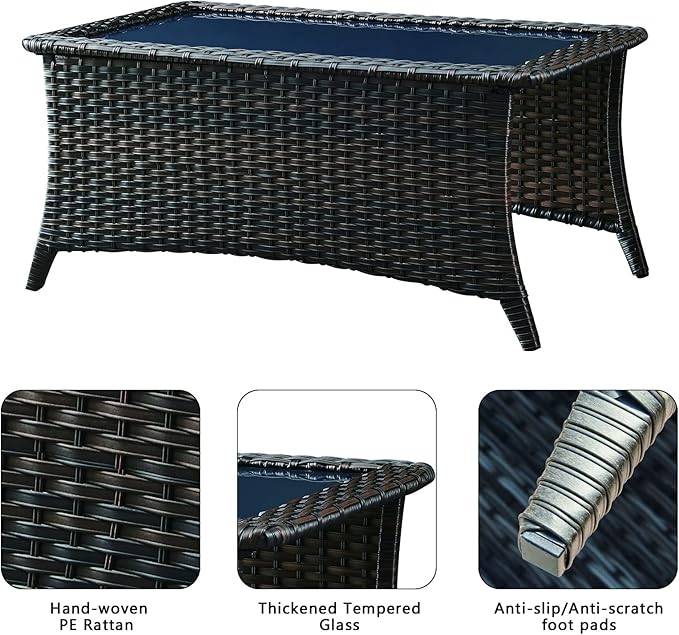 Patio Tables Wicker Coffee Table - Outdoor Rattan Coffee Tables with Glass Top for Patio Proch Deck Balcony Rectangle Brown
