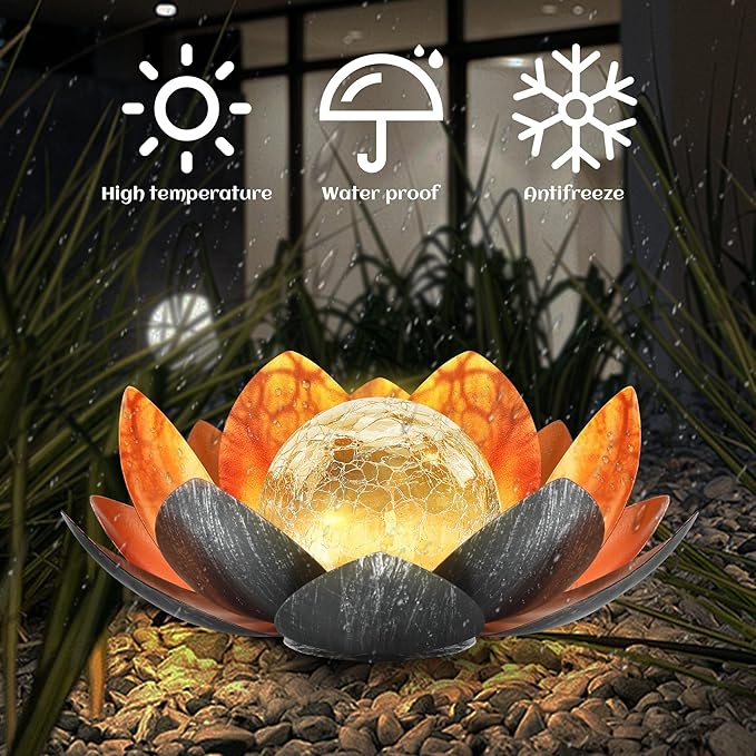 Outdoor Solar Lights, Garden Decor, Crackle Glass Globe, Waterproof Metal Lotus Flower Light for Patio, Lawn, Walkway, Tabletop, Ground