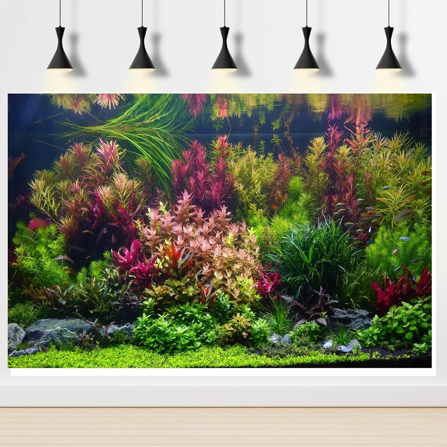 Aquarium Background Various Vivid Fresh Underwater Aquatic Plant Fish Tank Aquarium Backdrop Stone River Bed and Lake Fish Terrarium Background Decor Vinyl 72x24in