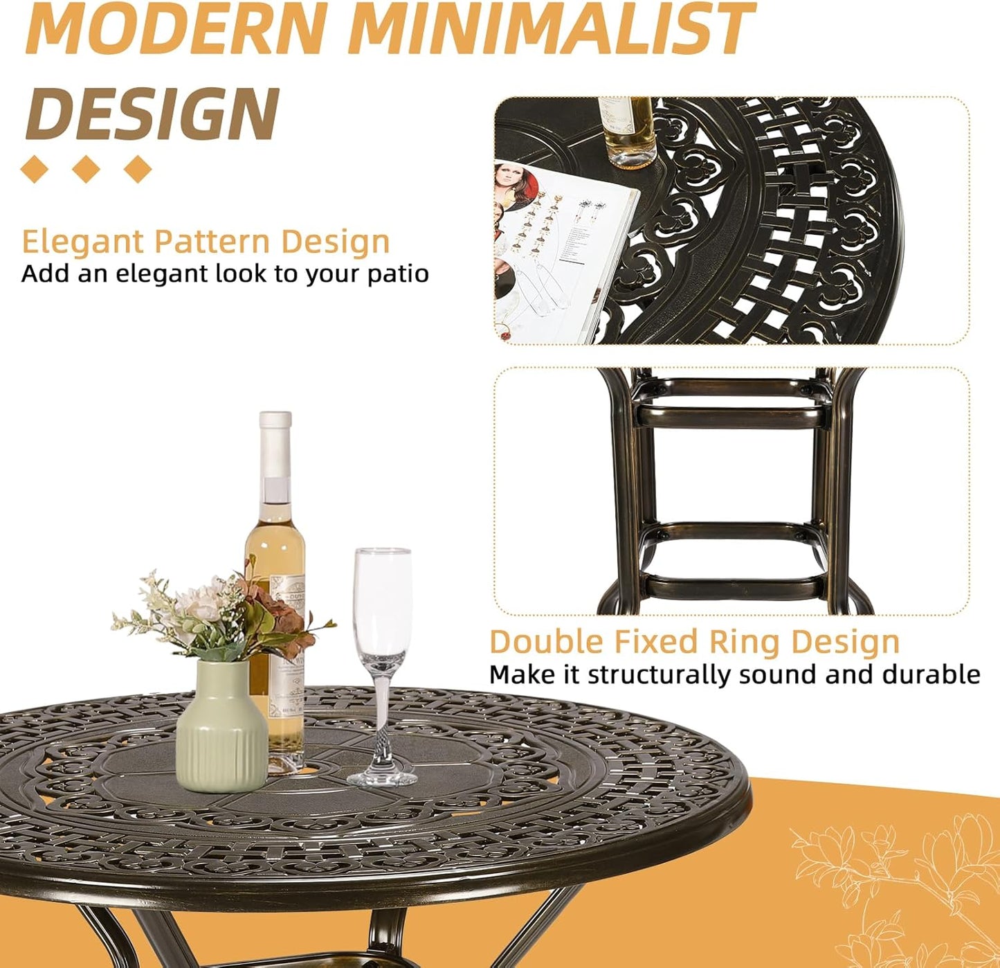 3-Piece Patio Swivel Bar Set, High Top Bar Table & Chairs, All-Weather Cast Aluminum Swivel Bar Stools (2) & 38.5" Table, Patio Bistro Set